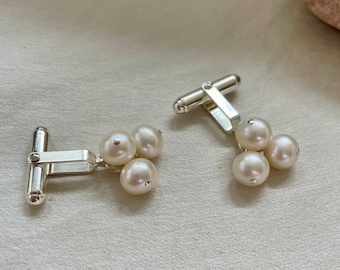 Cultured pearl cufflinks, three pearl cufflinks, 925 silver bar  cufflinks,real pearls for men, anniversary gift for him, best man gifts
