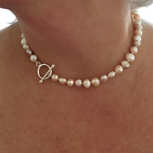 Large pink pearl necklace, silver T-bar pearl choker, pearl anniversary gift, modern pearl choker, SN66