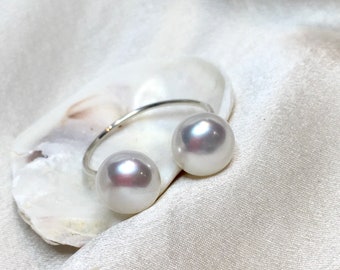 Large double pearl ring, open adjustable pearl ring, stackable silver ring