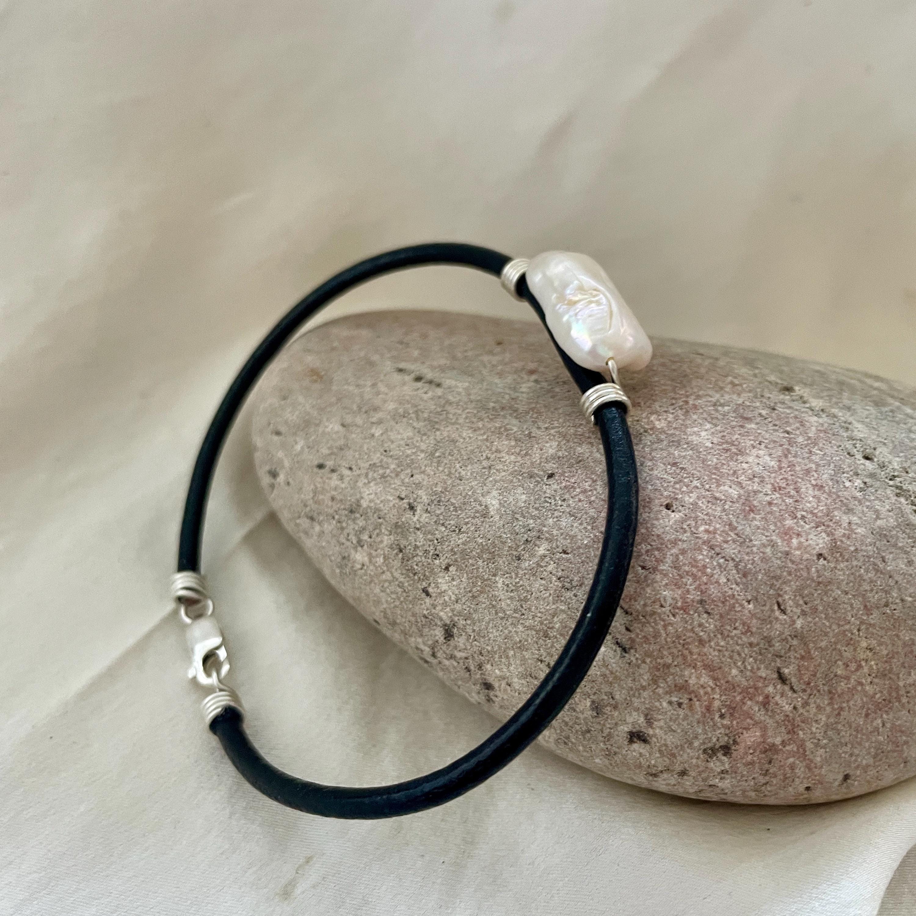 Black Leather Bracelet: Sterling Silver Clasp, Baroque Pearl 