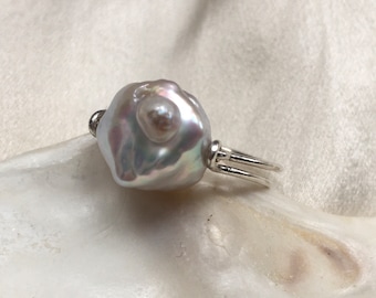 Baroque cultured pearl ring, statement pearl ring, pearl anniversary gift idea, chunky freshwater pearl ring, Argentium silver ring
