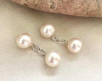 Double pearl cufflinks, sterling silver pearl cufflinks, groomsmen gifts, shirt accessories, anniversary gift for him, Father’s Day gifts