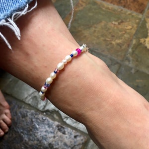 Adjustable pearl anklet, pink bead ankle bracelet