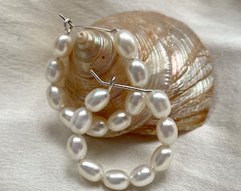 Real pearl hoop earrings, creole style pearl hoops, modern bridal earrings, anniversary gift for her, freshwater pearl statement earrings