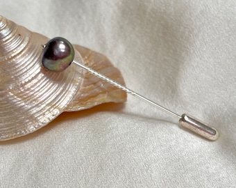 Black pearl tie pin, silver cravat pin, cultured pearl stock pin, tie accessories, best man gift, unique Father’s Day gift, man to man gift