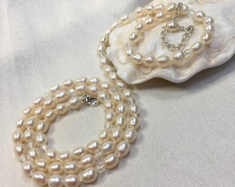 Adjustable white pearl necklace, 21” crystal and pearl necklace, curvy brides necklace