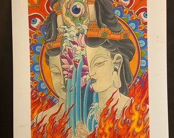 Extinguishing Certainty watercolor painting Japanese tattoo style Buddhist kannon art giclee print