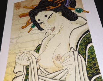 Japanese Ukiyo-e Inspired Shunga Art Print – Tattoo Shop Style Wall Art (11x14 Giclee)