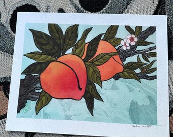 Erotic Japanese Style Art Print - Hidden Shunga Among Peaches , ukiyo-e Tattoo Style