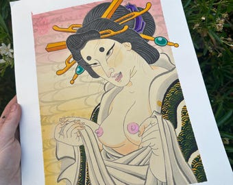Edo flasher lady nsfw sexy Japanese style shunga   11x14 watercolor painting ORIGINAL