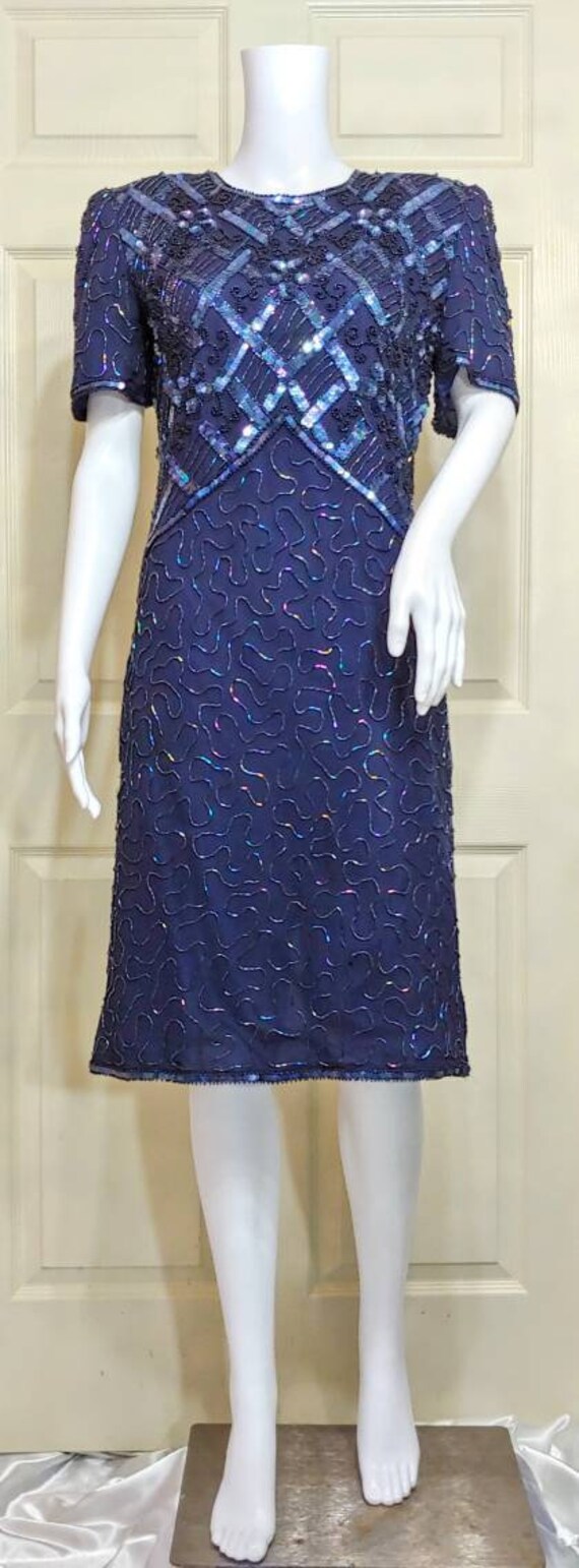 Vtg Beaded Blue Dress - image 1