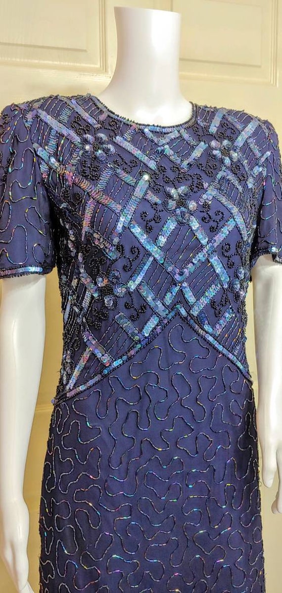 Vtg Beaded Blue Dress - image 6