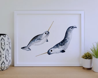 Narwhal Art Print, Watercolour Narwhal, Nursery Wall Art, Narwhal Painting, Nautical Art Prints, Under the Sea Nursery, Ocean Creature Art