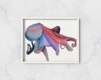 Octopus Watercolour Art Print, Nautical Art Print, Ocean Art, Home Decor, Fathers Day Gift, Bathroom Art, By The Sea, Sea creature painting