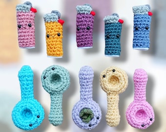 May include: A set of nine crocheted items, including lighters and pipes, in various colors, including purple, blue, yellow, pink, and green. Each item has a cute, cartoon-like face.