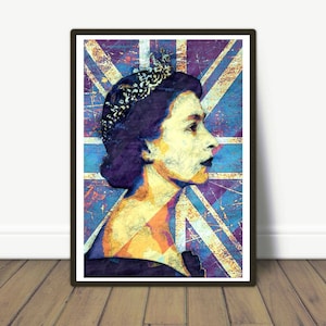 Queen Elizabeth II - The Union Jack - Modern art, Modern wall decor, British Queen, Pop Art, Modern Portrait, British Flag, Office Decor