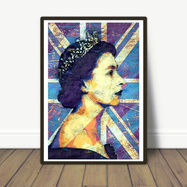 Queen Elizabeth II - The Union Jack - Modern art, Modern wall decor, British Queen, Pop Art, Modern Portrait, British Flag, Office Decor