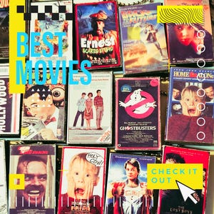 May include: A collage of VHS tapes featuring popular films from the 1980s and 1990s, including "Ghostbusters", "Back to the Future", "Home Alone", "Ernest Scared Stupid", and "The Shining". The text "BEST MOVIES" is displayed in blue and white letters on a yellow background. The text "CHECK IT OUT" is displayed in white letters on a yellow background with a white arrow pointing to the right.