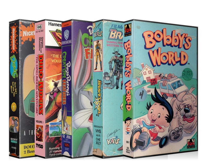 May include: A selection of retro VHS tapes, including titles such as "Doug," "Dino-Riders," "Bugs Bunny," "BraveStarr," and "Bobby's World." The tapes display vibrant artwork and text, representing popular animated shows from the 1990s.
