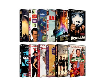 May include: A collection of twelve VHS tapes arranged in two rows. Titles include Twister, That Thing You Do, Space Jam, Fargo, Star Trek First Contact, Scream, Scream 2, Kingpin, Jerry Maguire, The Hunchback of Notre Dame, The Craft, and Jingle All The Way.