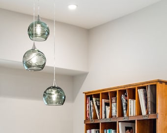 Hand Blown Recycled Glass Cascade Chandelier | Wave Design, 3 Pendant Light| Made in the USA