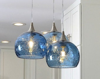 LUNAR | Hand Blown Glass Globe 3 Pendant Cascade Chandelier | Seeded Sphere Form. No 767 | Made with 100% Recycled Glass | Bicycle Glass Co.