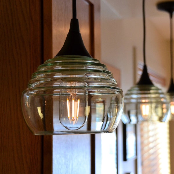 Hand Blown Recycled Glass Pendant Light | Beehive Design | Made in the USA