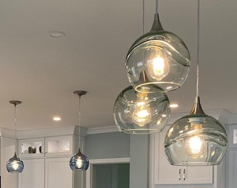 Hand Blown Recycled Glass 3-Pendant Chandelier | Wave Design | Made in the USA