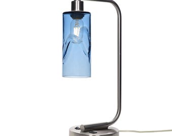 Hand Blown Recycled Glass Table Lamp | Wave Design, USB Port | Made in the USA