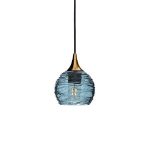 May include: A blue glass pendant light with a gold finish and a black cord.