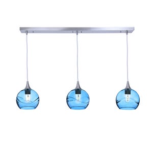 Hand Blown Recycled Glass 3-Pendant Linear Chandelier | Wave Design | Made in the USA