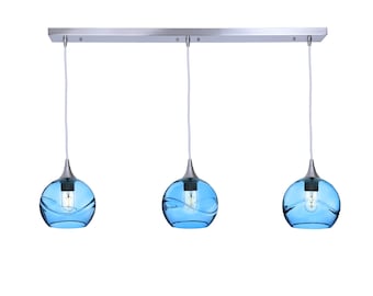 Hand Blown Recycled Glass 3-Pendant Linear Chandelier | Wave Design | Made in the USA