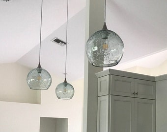 LUNAR | Hand Blown Recycled Glass Pendant Light | Seeded Sphere Style Form No. 768 | Blue, Gray or Clear