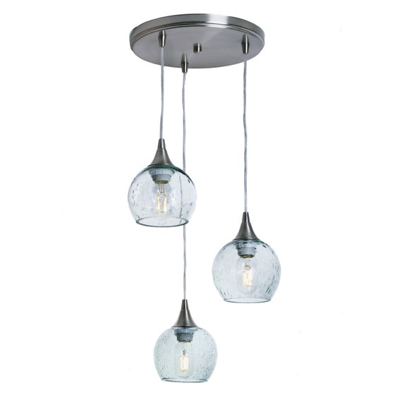 LUNAR Hand Blown Glass Globe 3 Pendant Cascade Chandelier Seeded