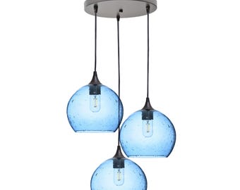 Hand Blown Recycled Glass Pendant Chandelier | Seeded Sphere Design | Made in the USA