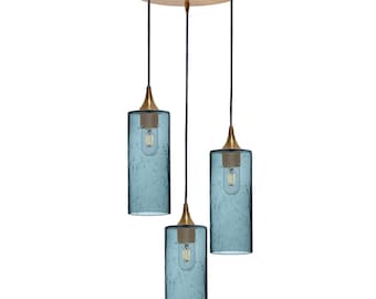 Blue Blown Glass 3-Pendant Chandelier | Recycled Glass | Blue, Gray, Clear, or Amber | Made in the USA