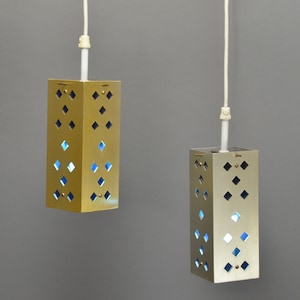 Pair of Vintage Swedish pendant window lights in brass & blue mcm