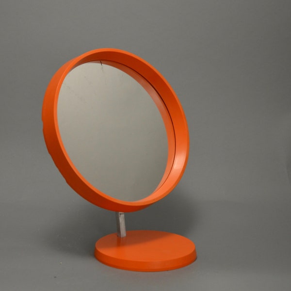 Vintage Table Mirror by DS Løneborg Denmark Orange Plastic 1970s Space Age