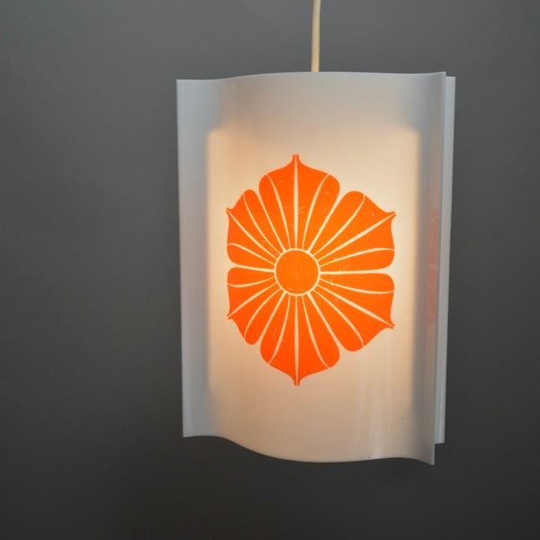 Scandinavian Vintage Pendant Lamp in White and Orange Plastic with Flower Power Decor