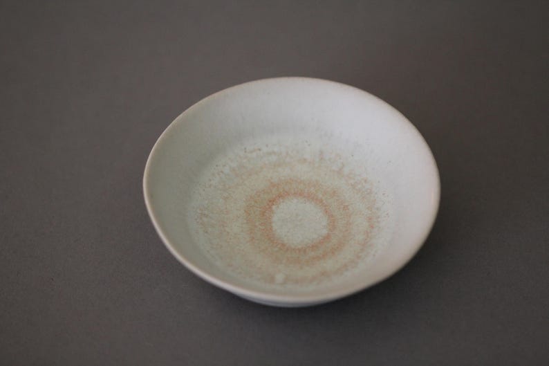 May include: A white ceramic bowl with a light brown, circular pattern in the center.