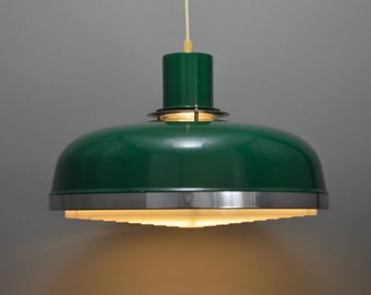Vintage 1960s Scandinavian Aluminum Pendant Lamp in Dark Green with Light Diffuser.