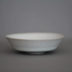 May include: A white ceramic bowl with a slightly rounded bottom and a smooth, glossy finish.