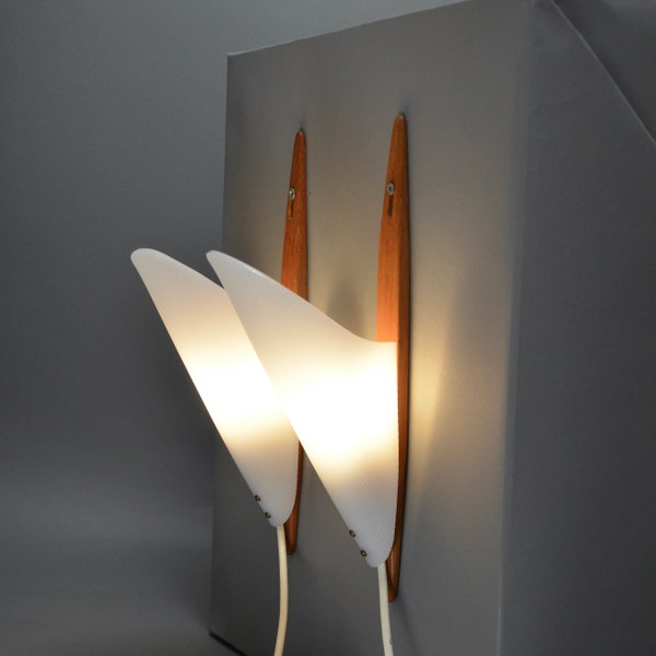 Pair of fantastic solid teak and acrylic wall lamps Scandinavian mid-century cone 1960s