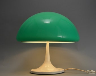 Vintage 1960s Italian Table Lamp by Luigi Massoni for Guzini "Toledo" Mushroom Lamp Green Shade White Tulip Base Space Age