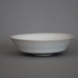May include: A white ceramic bowl with a slightly textured surface. The bowl is shallow and has a rounded shape.