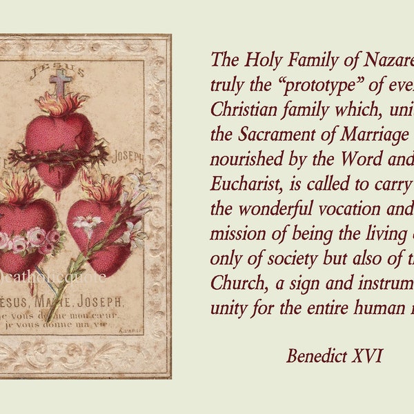 Hearts of the Holy Family– 8.5x11" – Based on a vintage holy card– Catholic Art Print – Authentic Quote