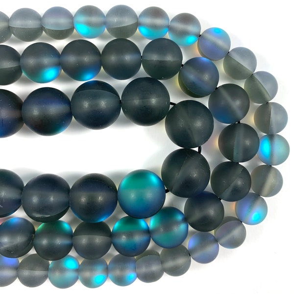 Frosted Mystic Aura Quartz, Mermaid Glass Matte Gray Labradorite color Round Beads  8mm, 10mm, 12mm - 15 inch strand