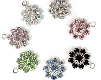 6 pack -  Silver Plated Vintage Swarovski Crystal Flower Charms Drops Dangles 10mm