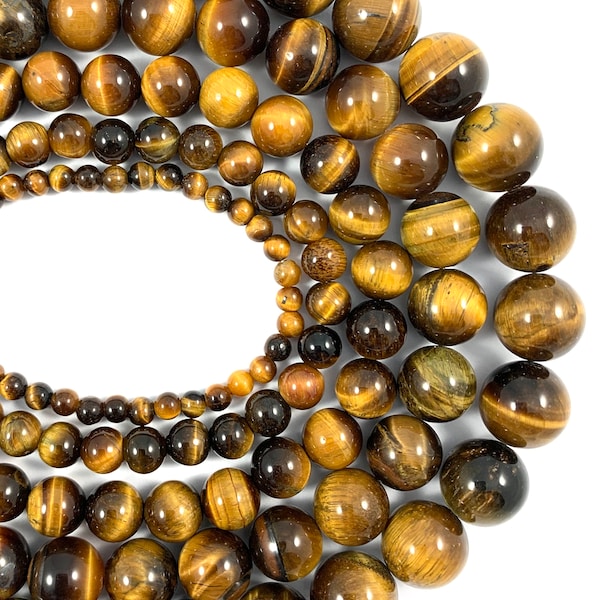 AAA Quality Natural Tigers Eye  round Beads in  4MM, 6MM, 8MM, 10MM, 12MM,  - 15 inch strand.