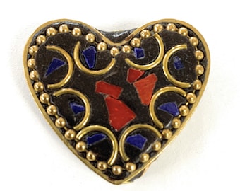 Tibetan Beads, Brass Heart shape bead inlaid with Lapis and Coral 1.25 inch length. Focal Beads.